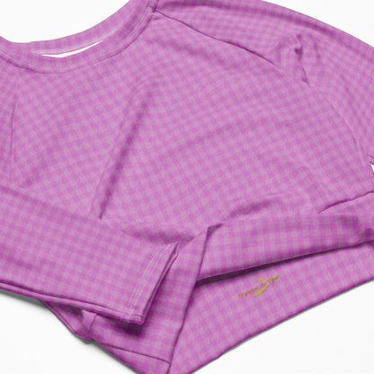 Women's Recycled Long-Sleeve Crop Top Pink Houndstooth-Gingham Mix