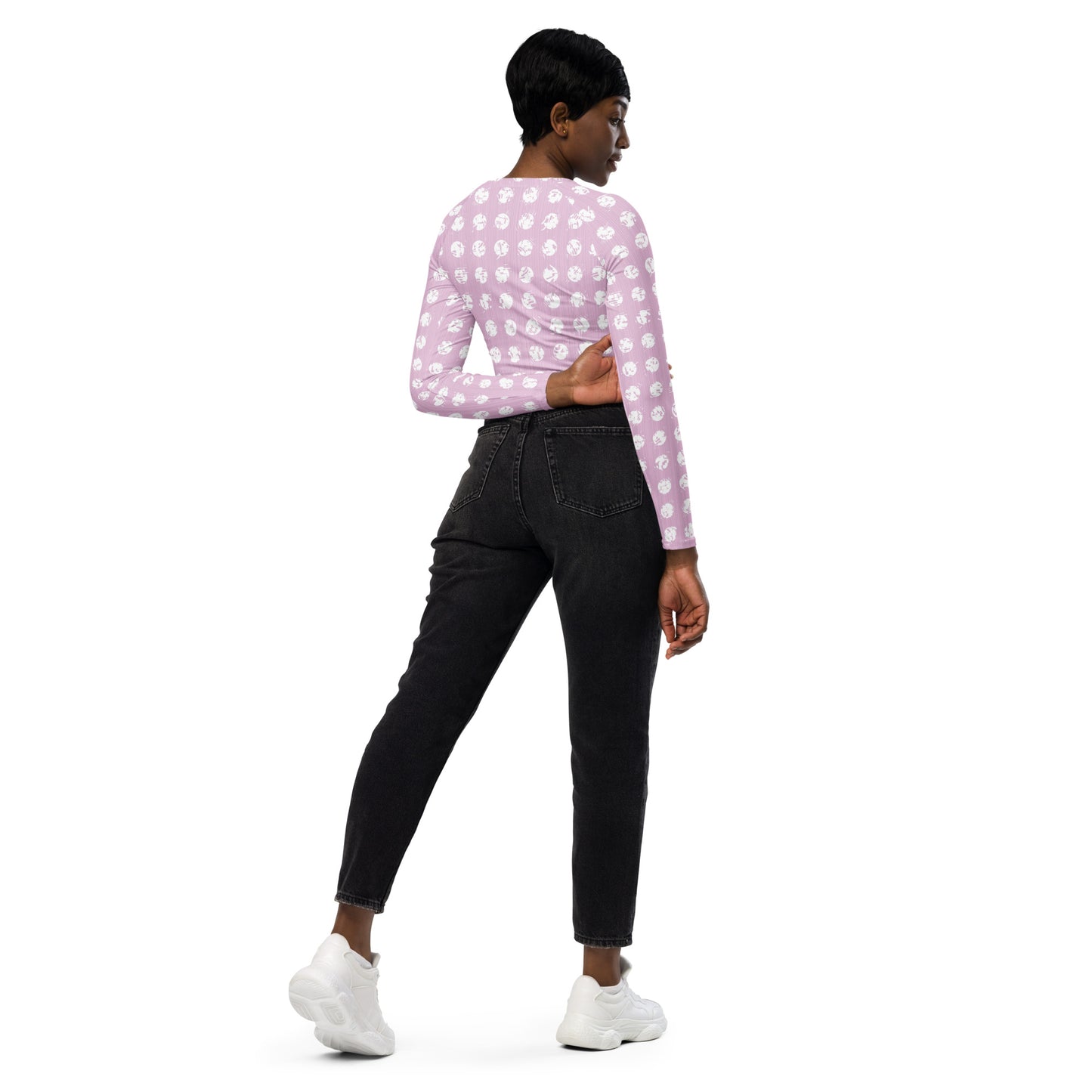 Women's White Polka Dot Pink Recycled Long-Sleeve Crop Top