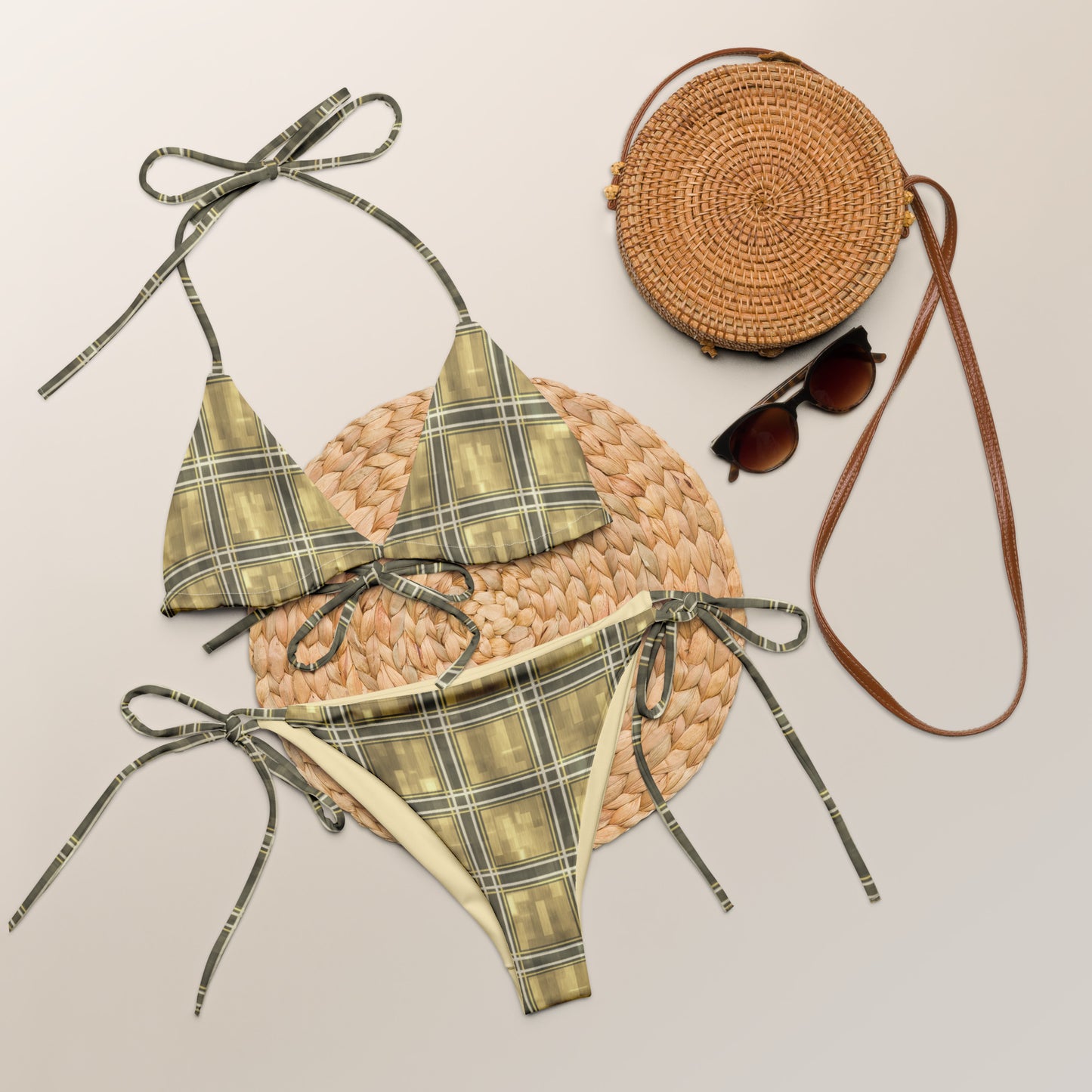 Recycled String Bikini Moonlit Yellow Plaid