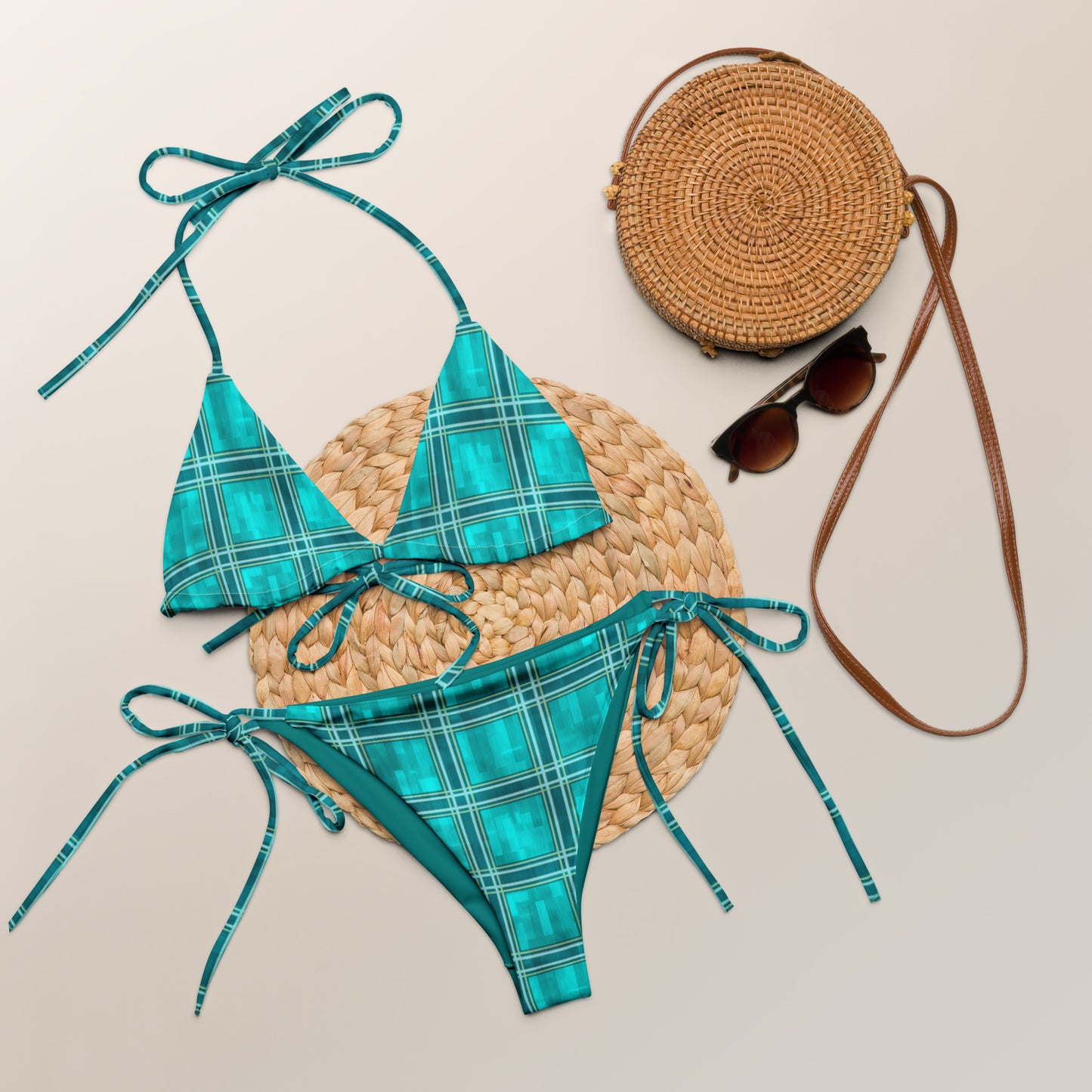 Recycled String Bikini Teal Plaid