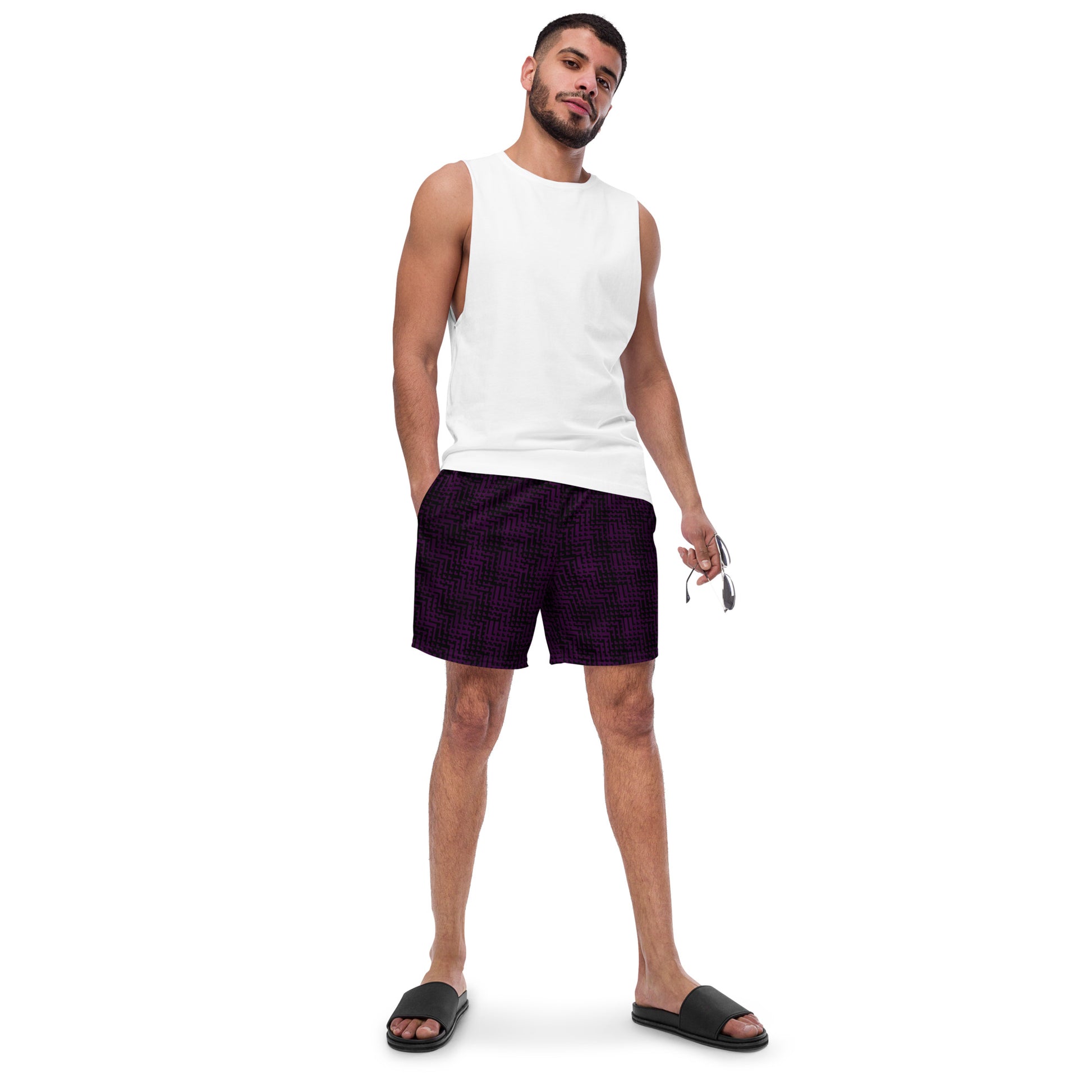 Men's Black & Purple Pixel Pattern Swim Trunks