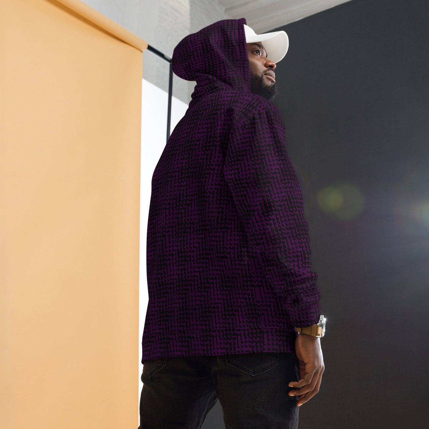 Unisex Hoodie Black & Purple Houndstooth-Gingham Mix