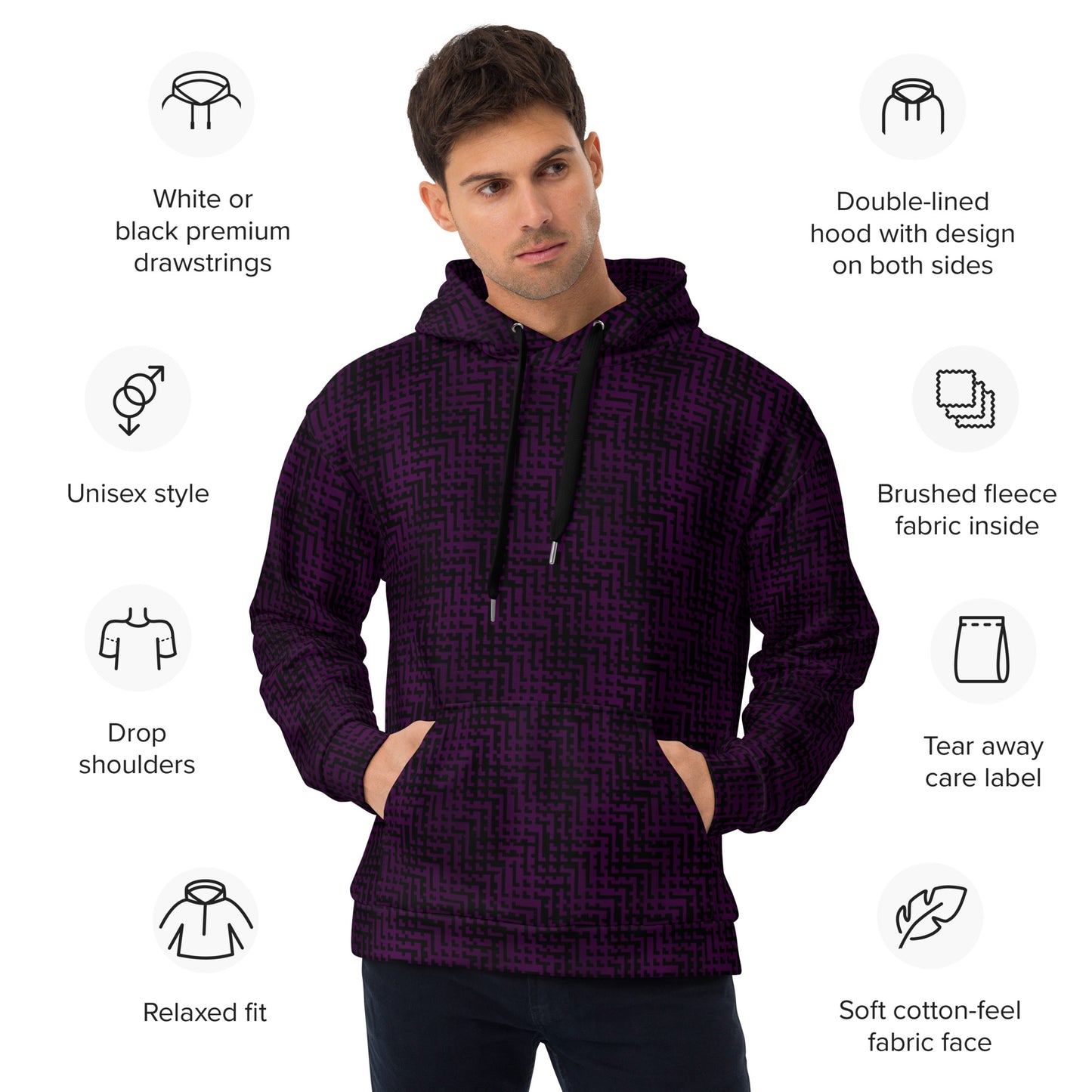 Unisex Hoodie Black & Purple Houndstooth-Gingham Mix