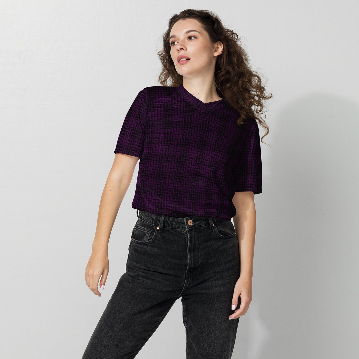 Unisex Recycled Sports Jersey Black & Purple Houndstooth-Gingham Mix