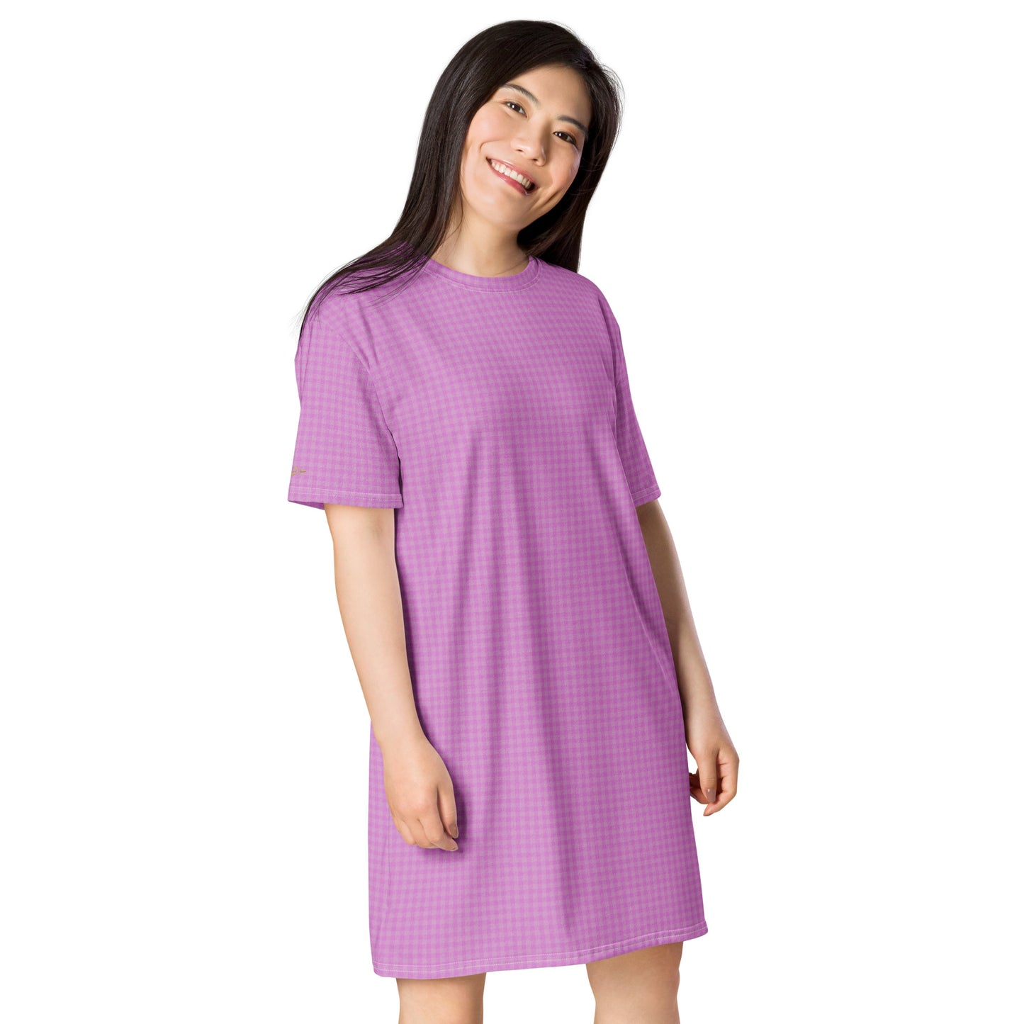 Women's T-shirt Dress Pink Houndstooth-Gingham Mix