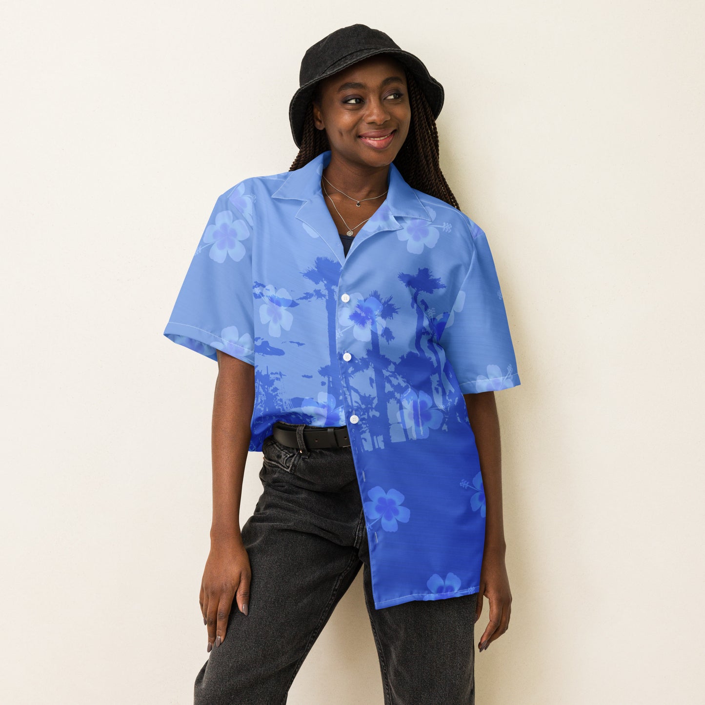 Unisex Button Shirt Hawiian Print in Blue