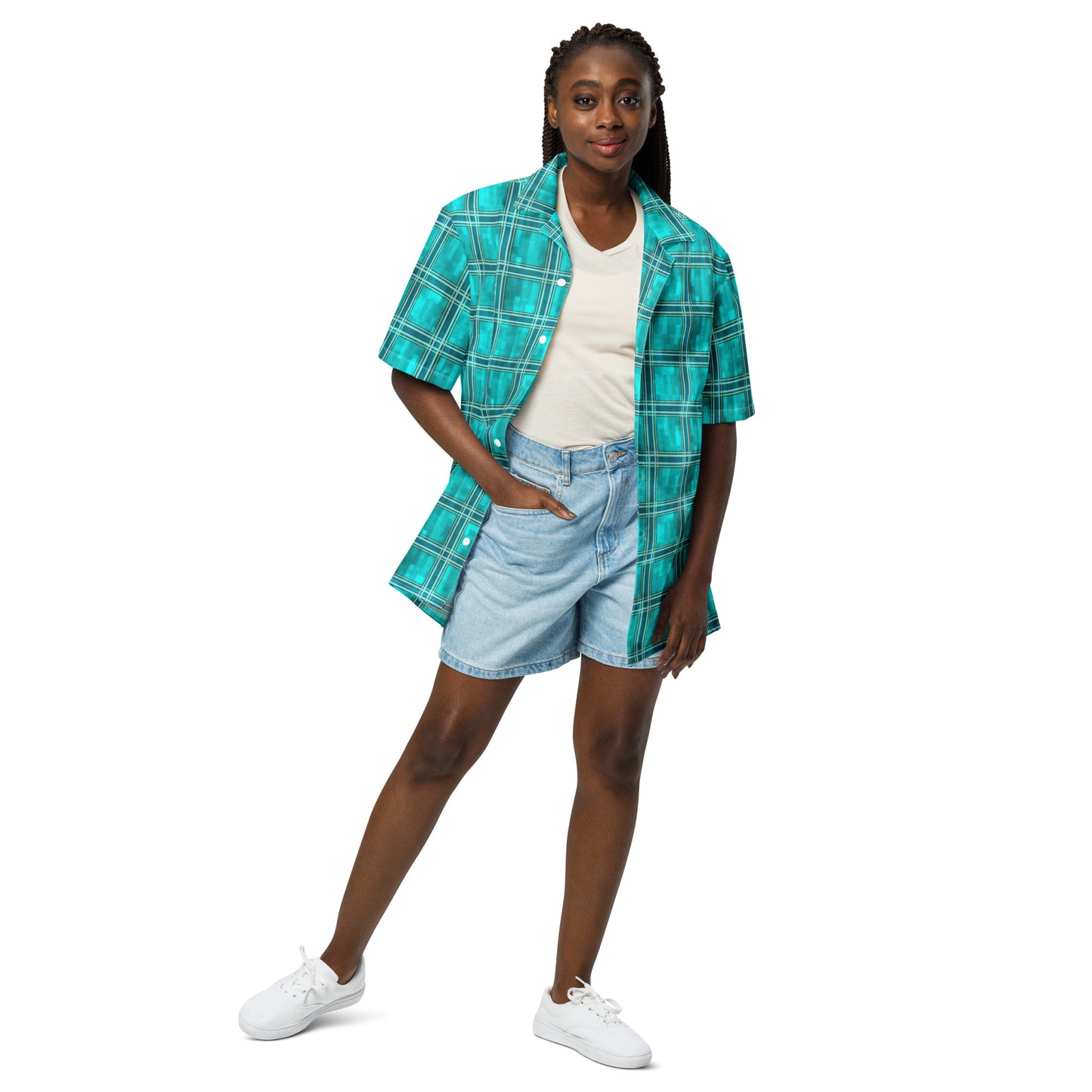 Unisex Button Shirt Teal Plaid