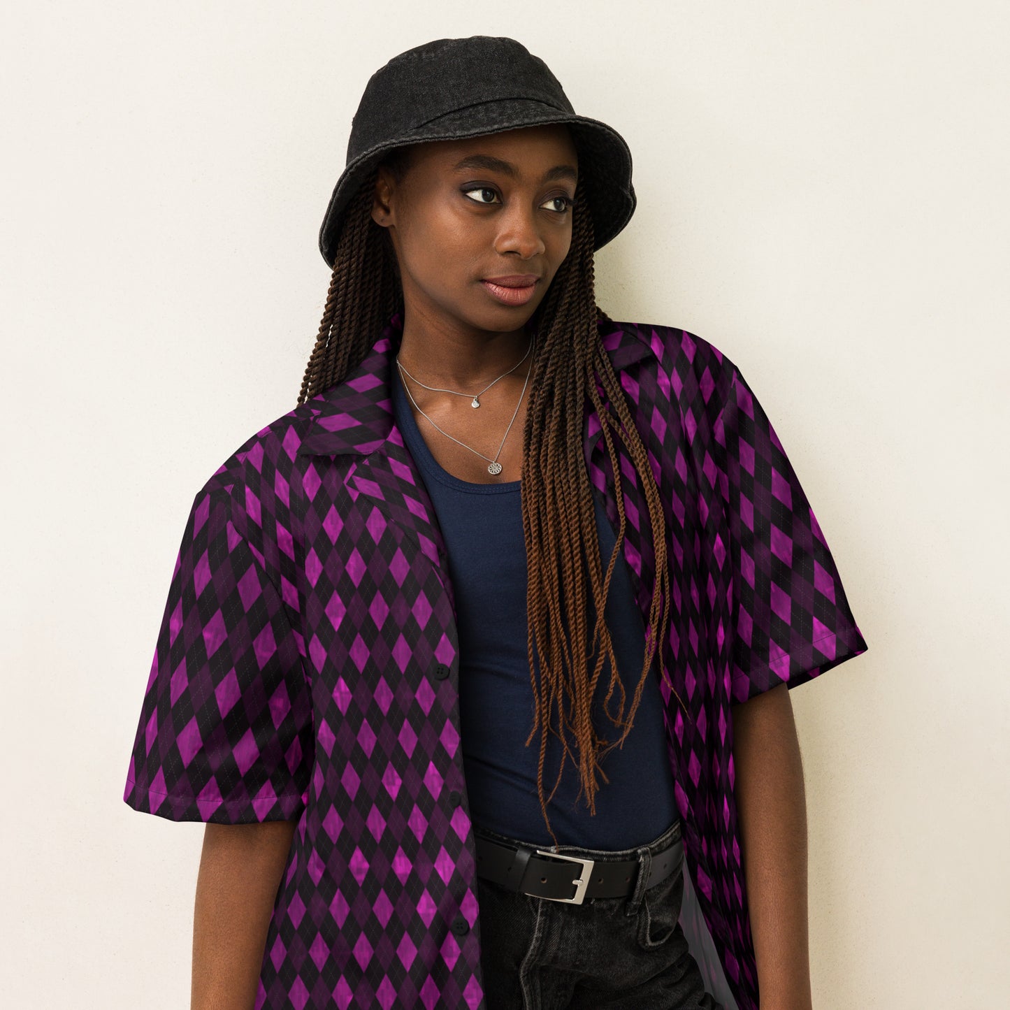 Unisex Button Shirt Purple Argyle