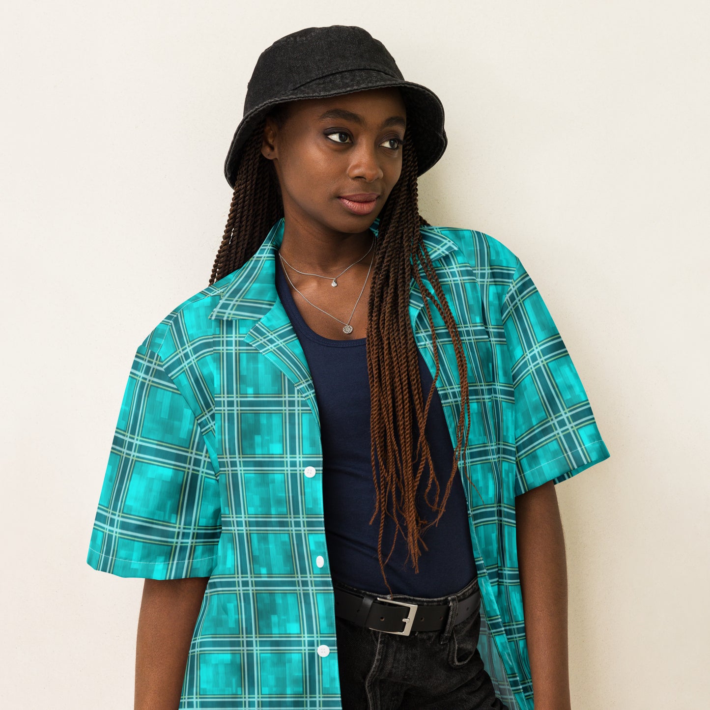 Unisex Button Shirt Teal Plaid