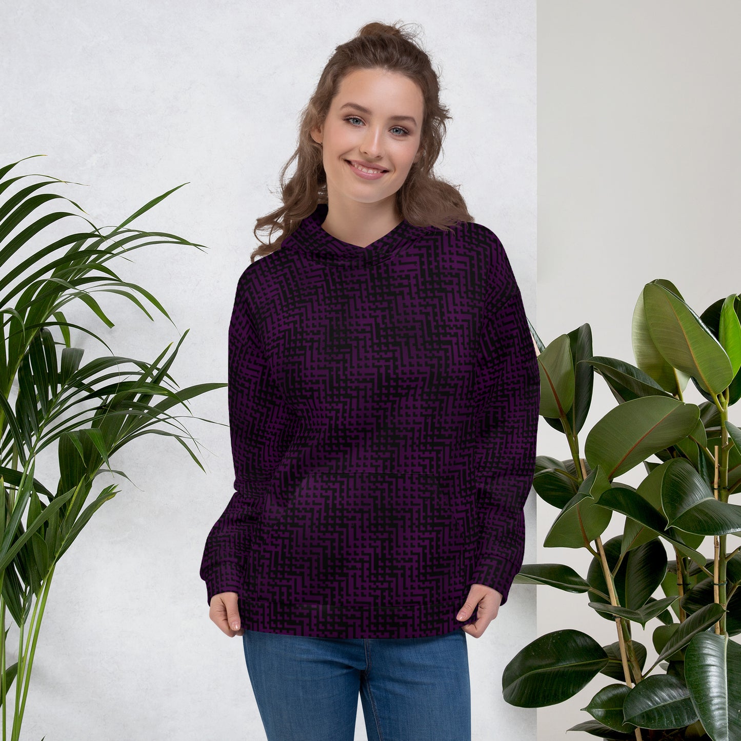 Unisex Hoodie Black & Purple Houndstooth-Gingham Mix