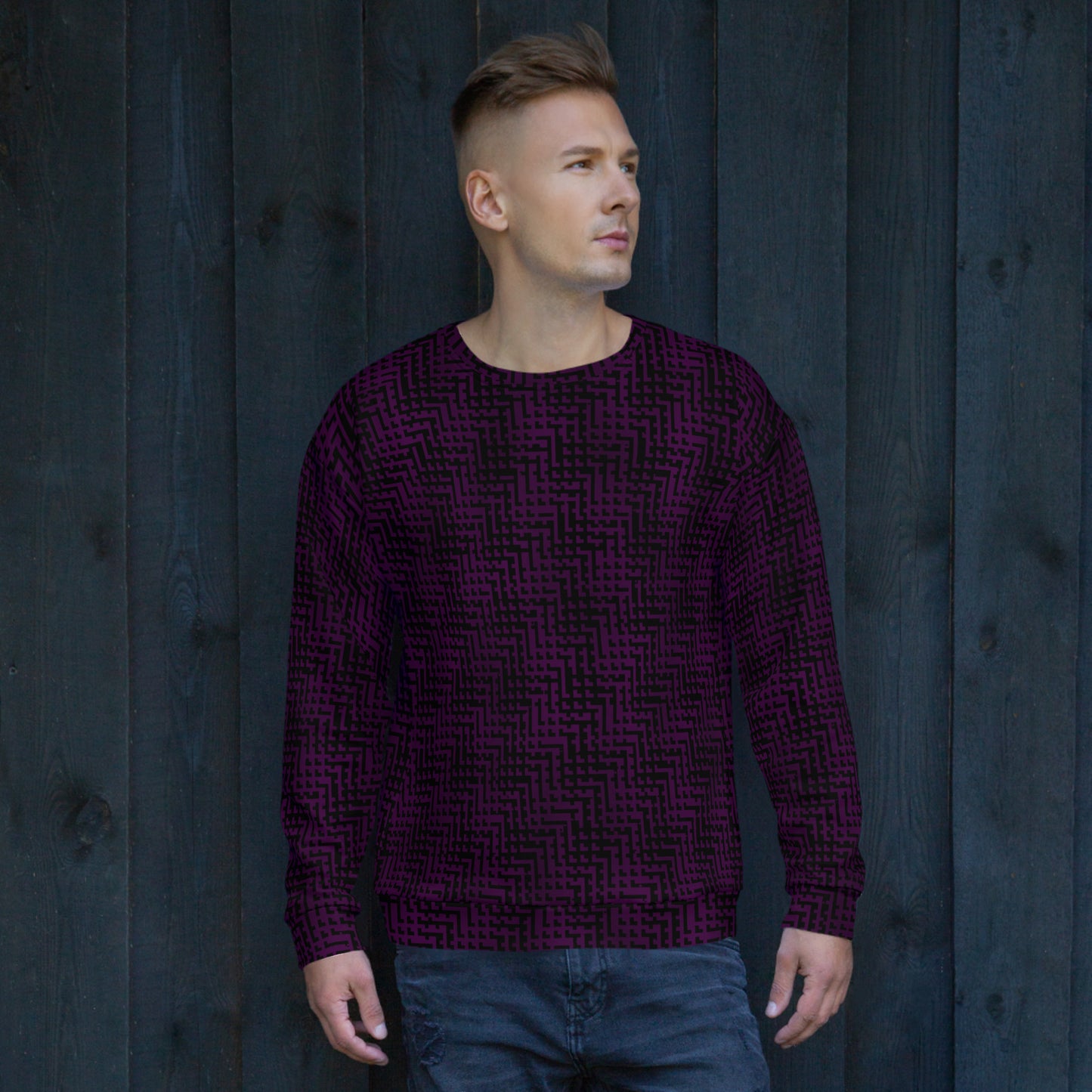 Unisex Sweatshirt Black & Purple Houndstooth-Gingham Mix