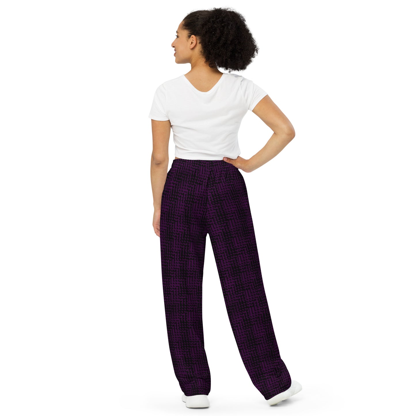 Unisex Wide-Leg Pants Black & Purple Houndstooth-Gingham Mix