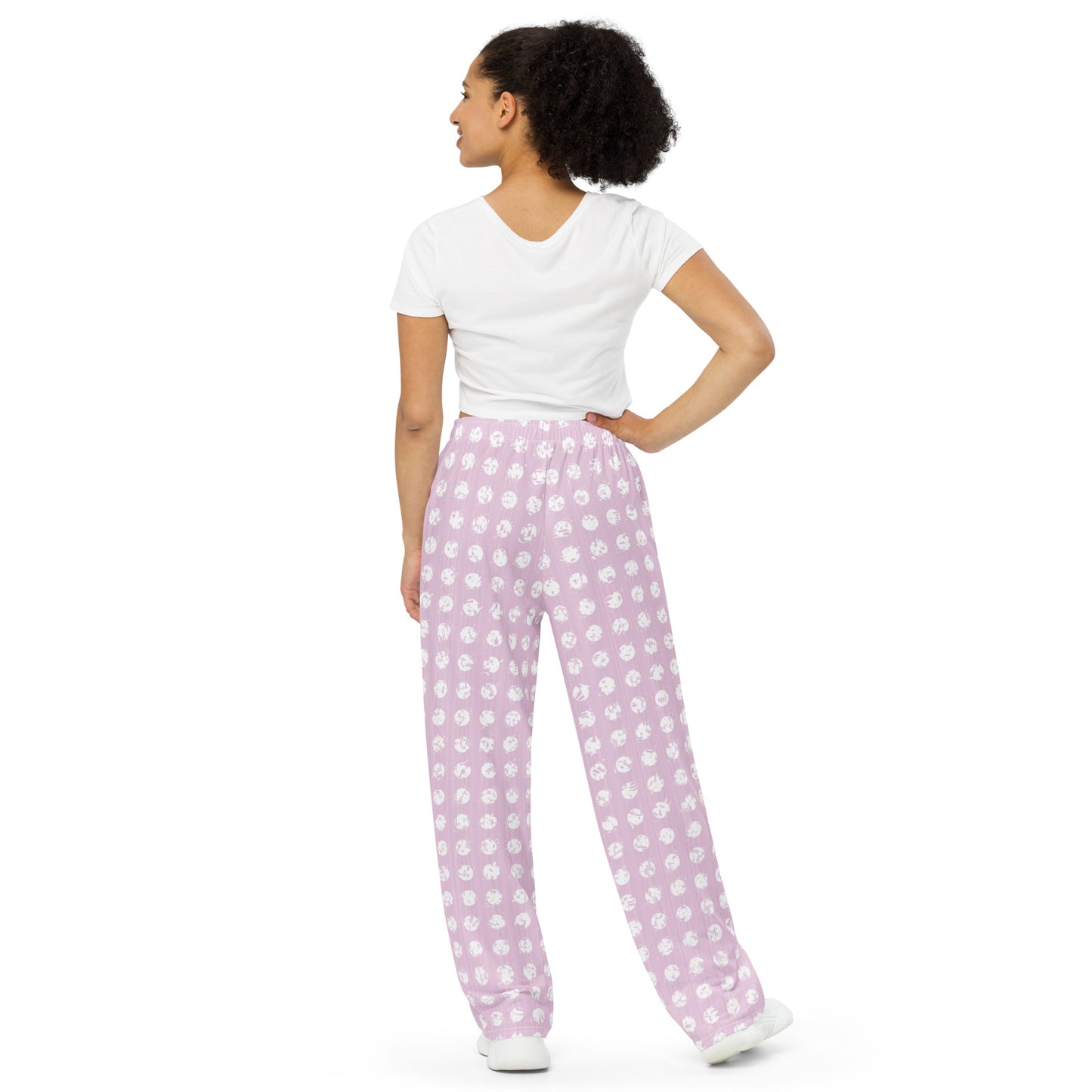 White Polka Dot Pink Wide-Leg Pants