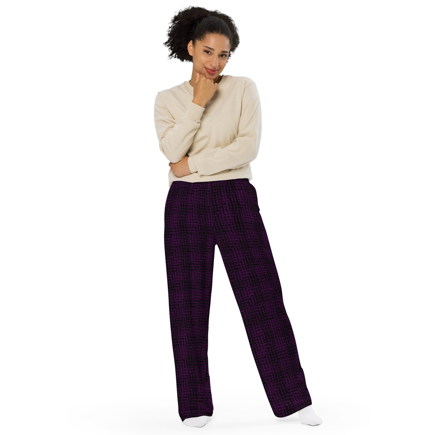 Unisex Wide-Leg Pants Black & Purple Houndstooth-Gingham Mix