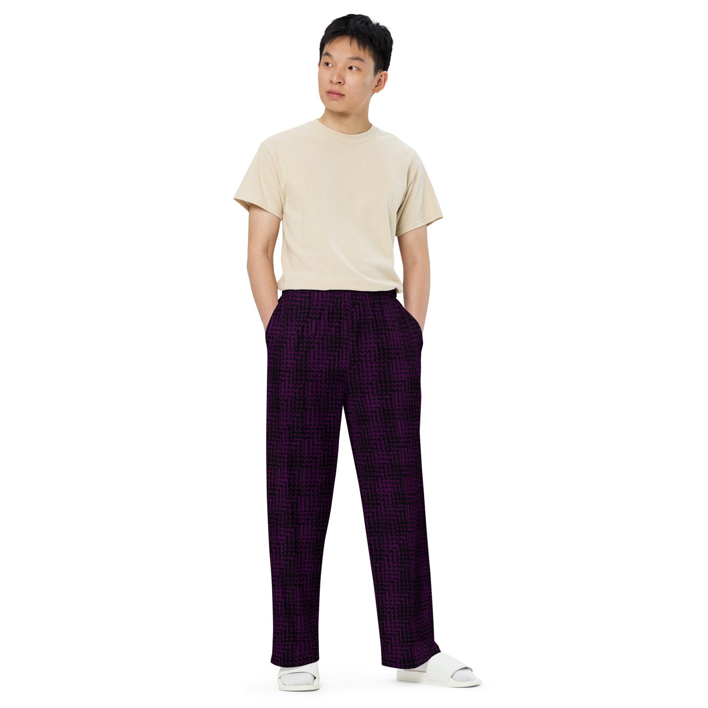 Unisex Wide-Leg Pants Black & Purple Houndstooth-Gingham Mix