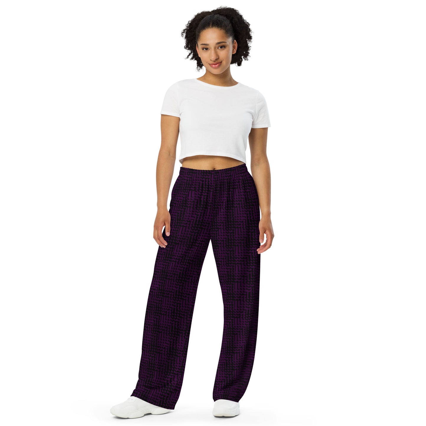 Unisex Wide-Leg Pants Black & Purple Houndstooth-Gingham Mix