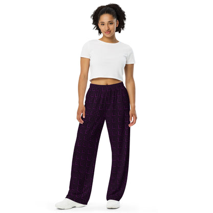 Unisex Wide-Leg Pants Purple & Black Zig Zag Print