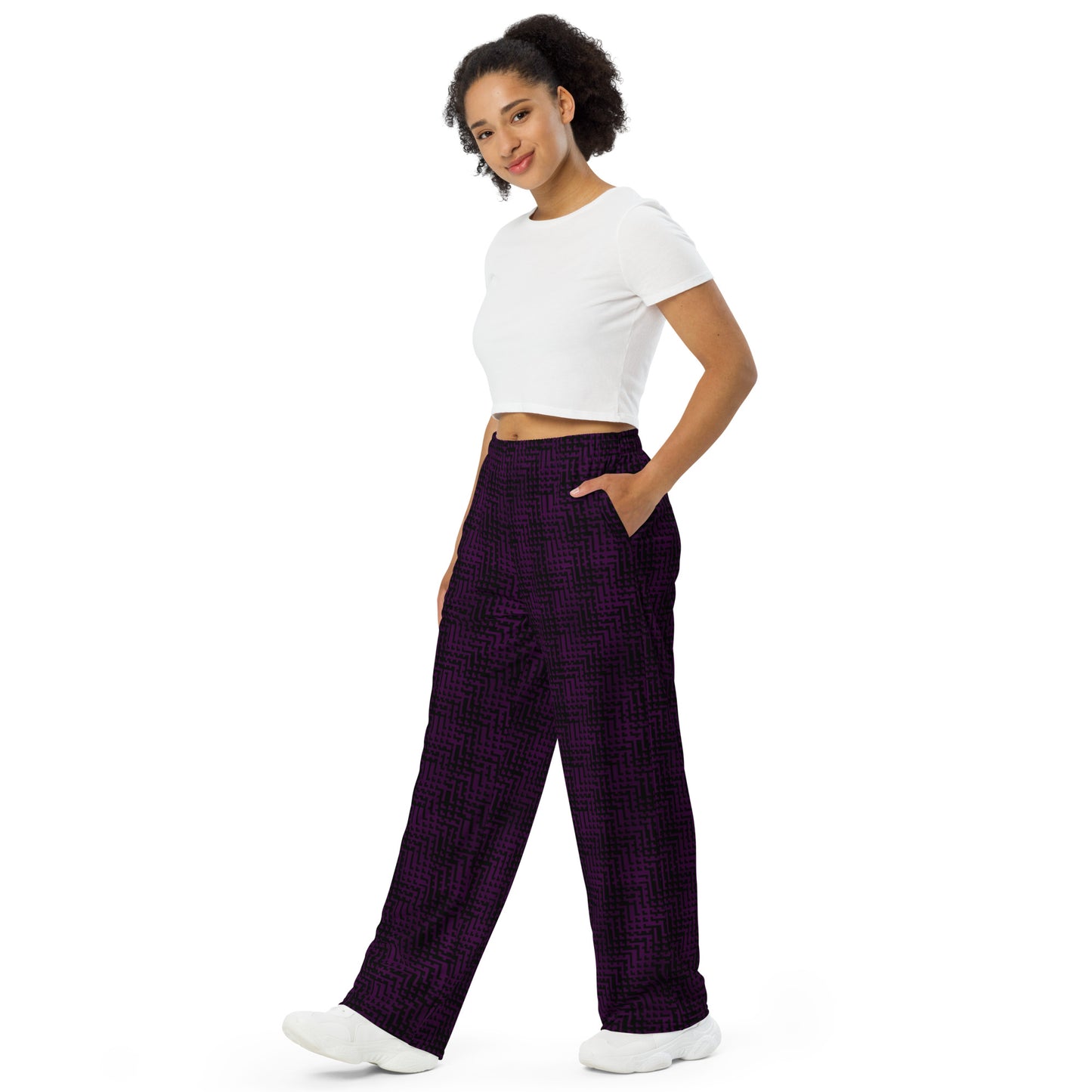 Unisex Wide-Leg Pants Black & Purple Houndstooth-Gingham Mix