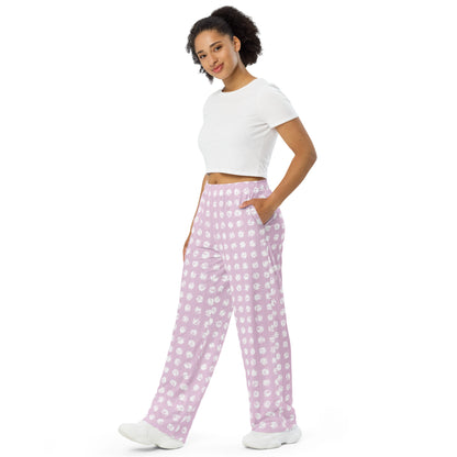 White Polka Dot Pink Wide-Leg Pants