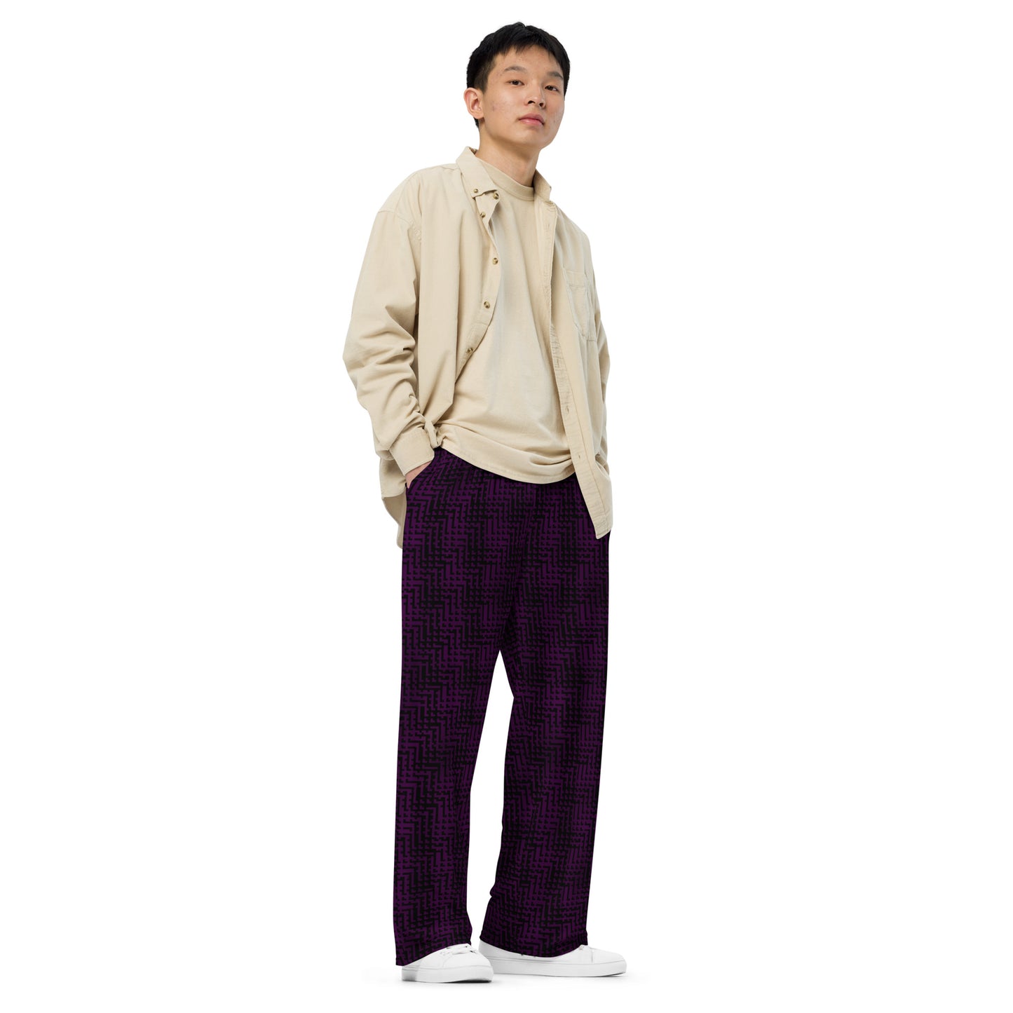 Unisex Black & Purple Pixel Pattern Wide-Leg Pants