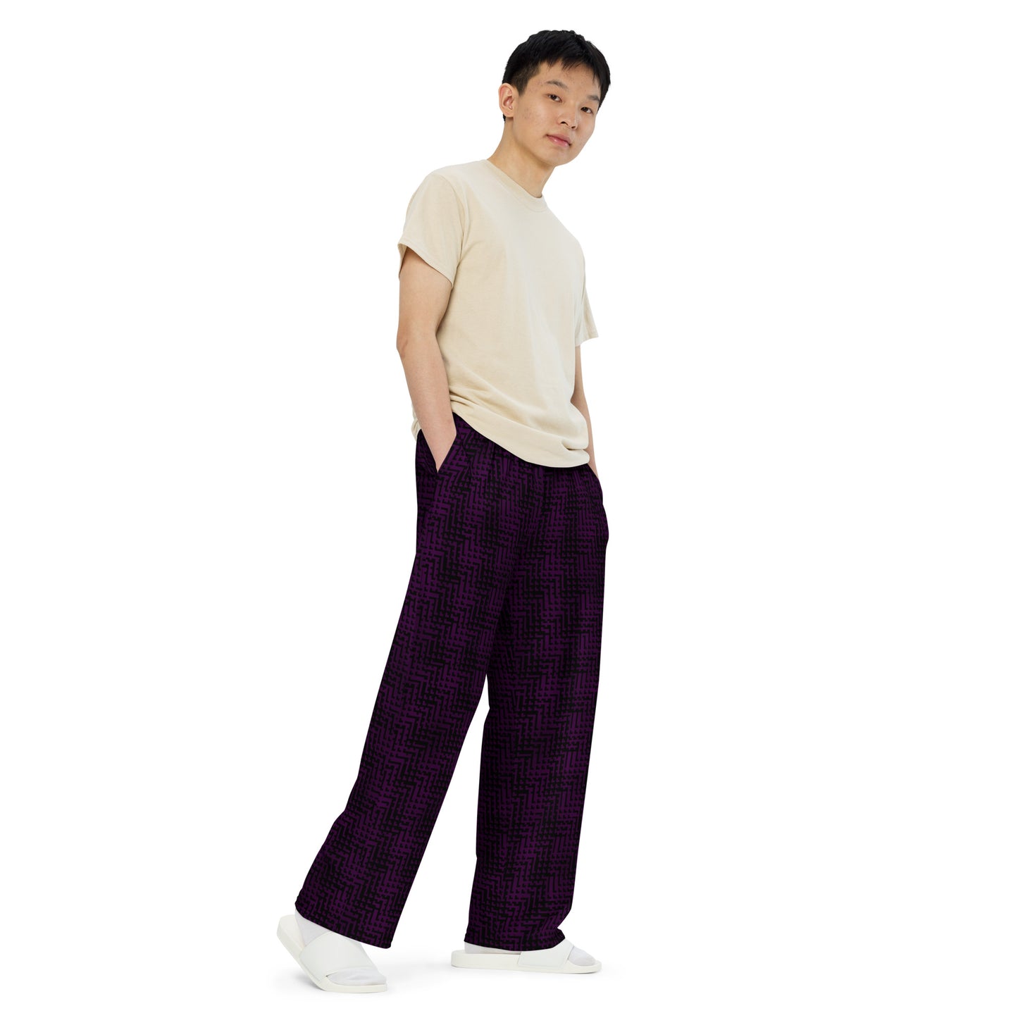 Unisex Wide-Leg Pants Black & Purple Houndstooth-Gingham Mix