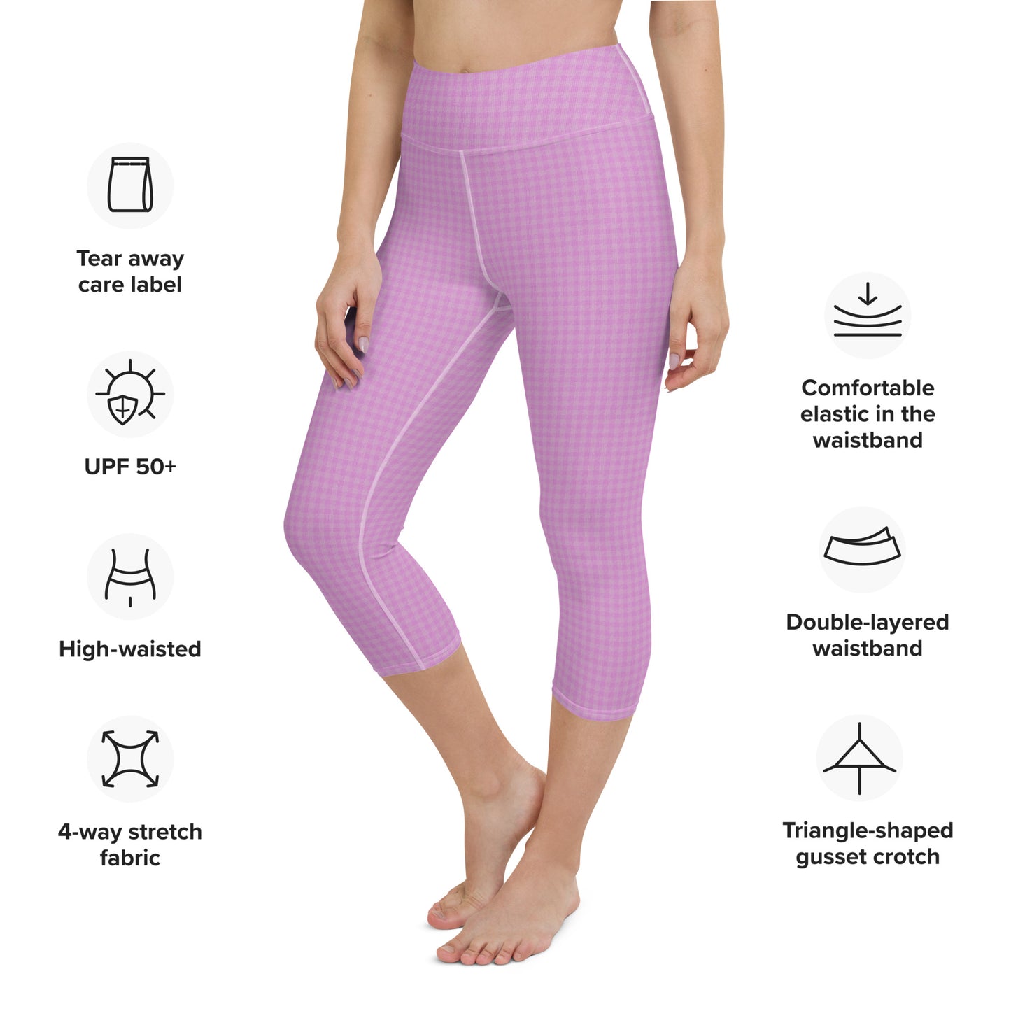 Women's Yoga Capri Leggings Pink Houndstooth-Gingham Mix