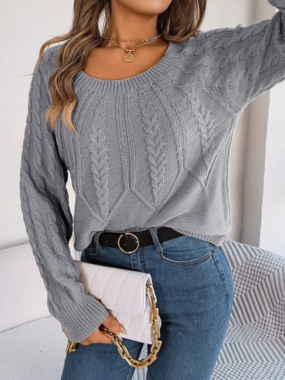 Cable-Knit Round Neck Long Sleeve Sweater