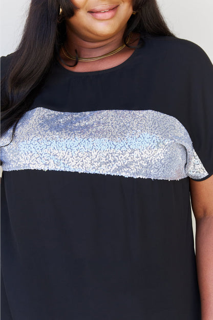 Sew In Love Shine Bright Full Size Center Mesh Sequin Top in Black/Silver