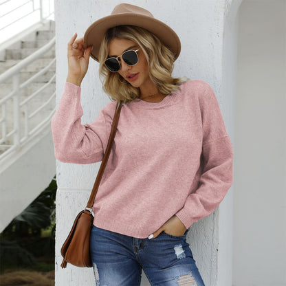 Shiny Round Neck Long Sleeve Drop Shoulder Sweater