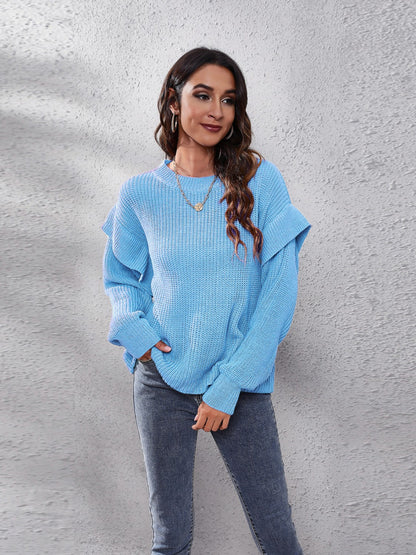 Ruffled Round Neck Dropped Shoulder Sweater