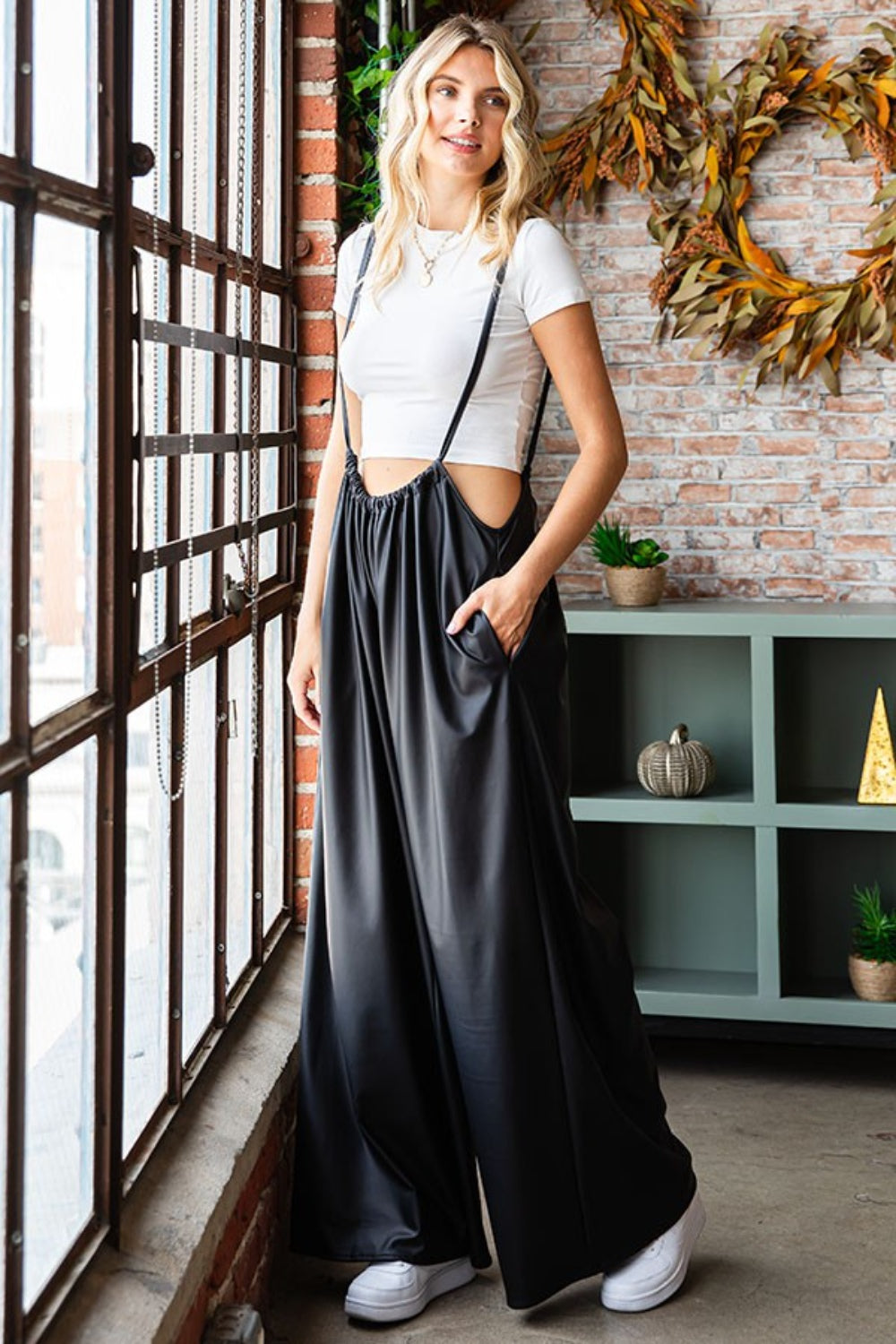 First Love Drawstring Back Spaghetti Strap Wide Leg Overall