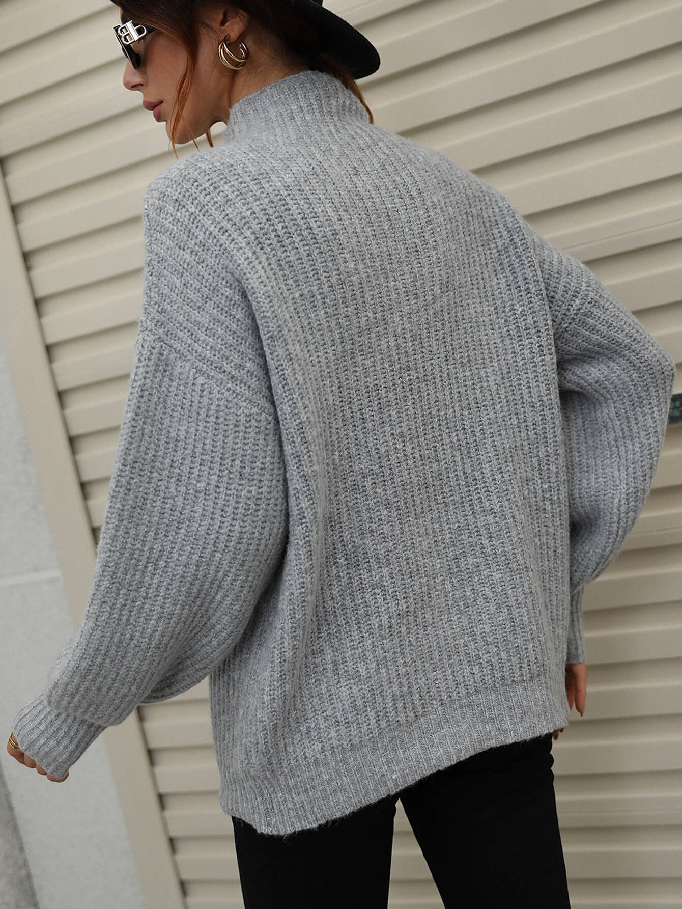 Woven Right High Neck Balloon Sleeve Rib-Knit Pullover Sweater