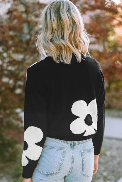 Round Neck Floral Pattern Color Contrast  Design Long Sleeve Sweater