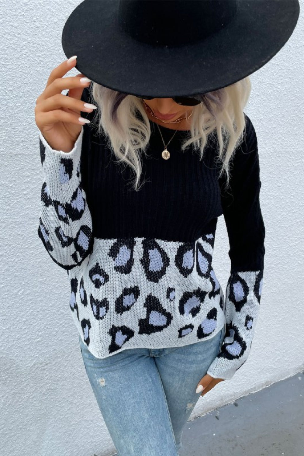 Perfee Leopard Color Block Sweater