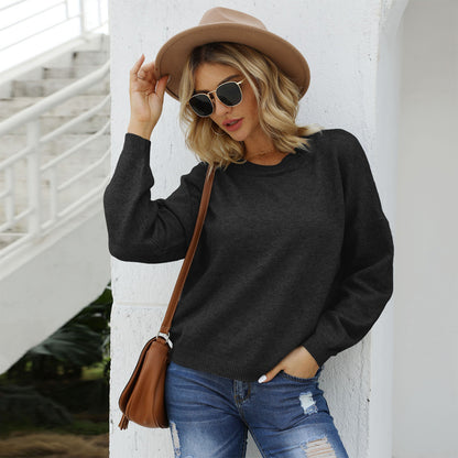 Shiny Round Neck Long Sleeve Drop Shoulder Sweater