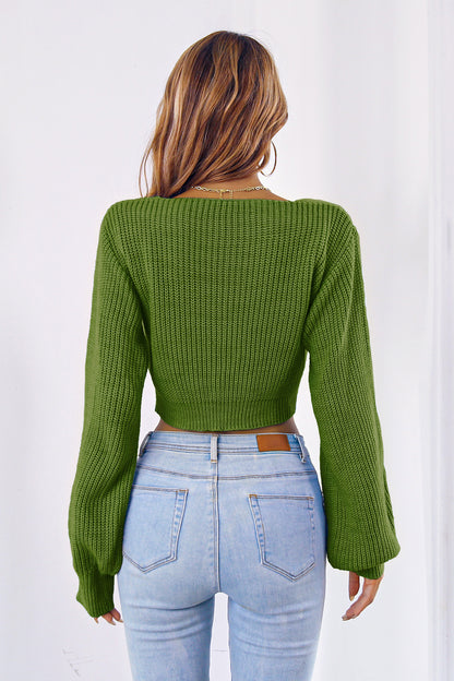 Bow V-Neck Long Sleeve Cropped Sweater