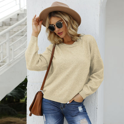 Shiny Round Neck Long Sleeve Drop Shoulder Sweater