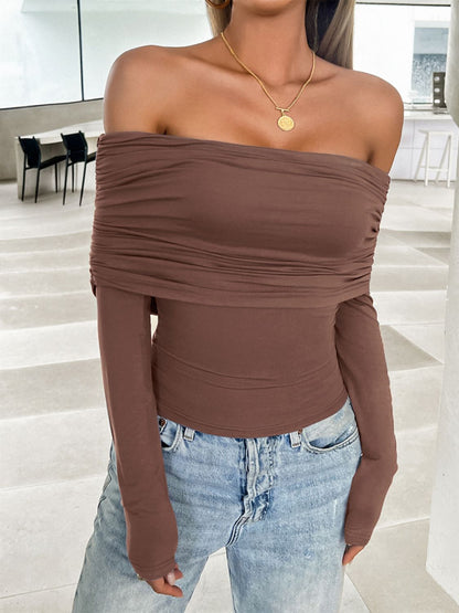 Devine Ruched Off-Shoulder Long Sleeve T-Shirt