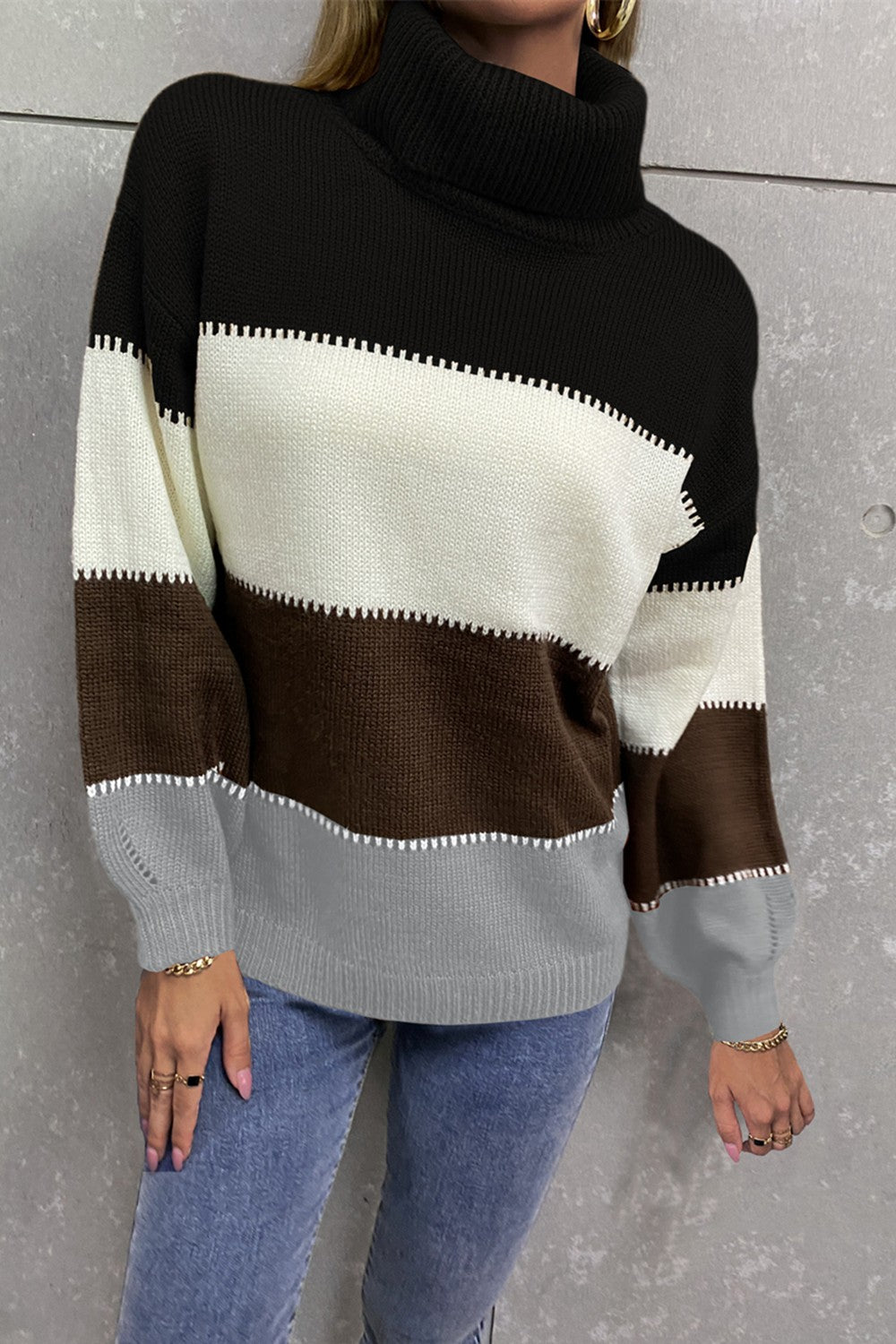 Angel Wings Color Block Lantern Sleeve Turtleneck Sweater