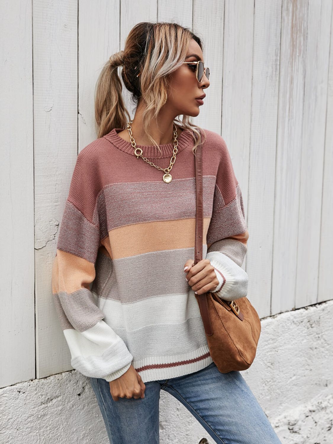 Angel Wings Striped Ribbed Trim Sweater