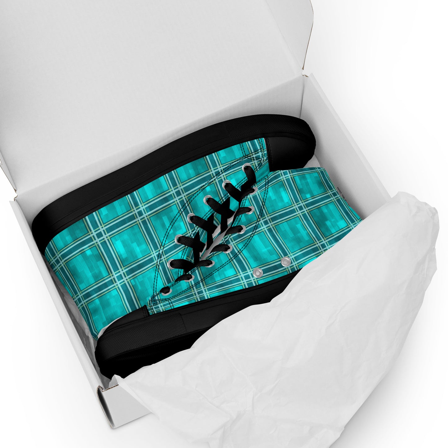 Men’s High Top Canvas Shoes Teal Plaid