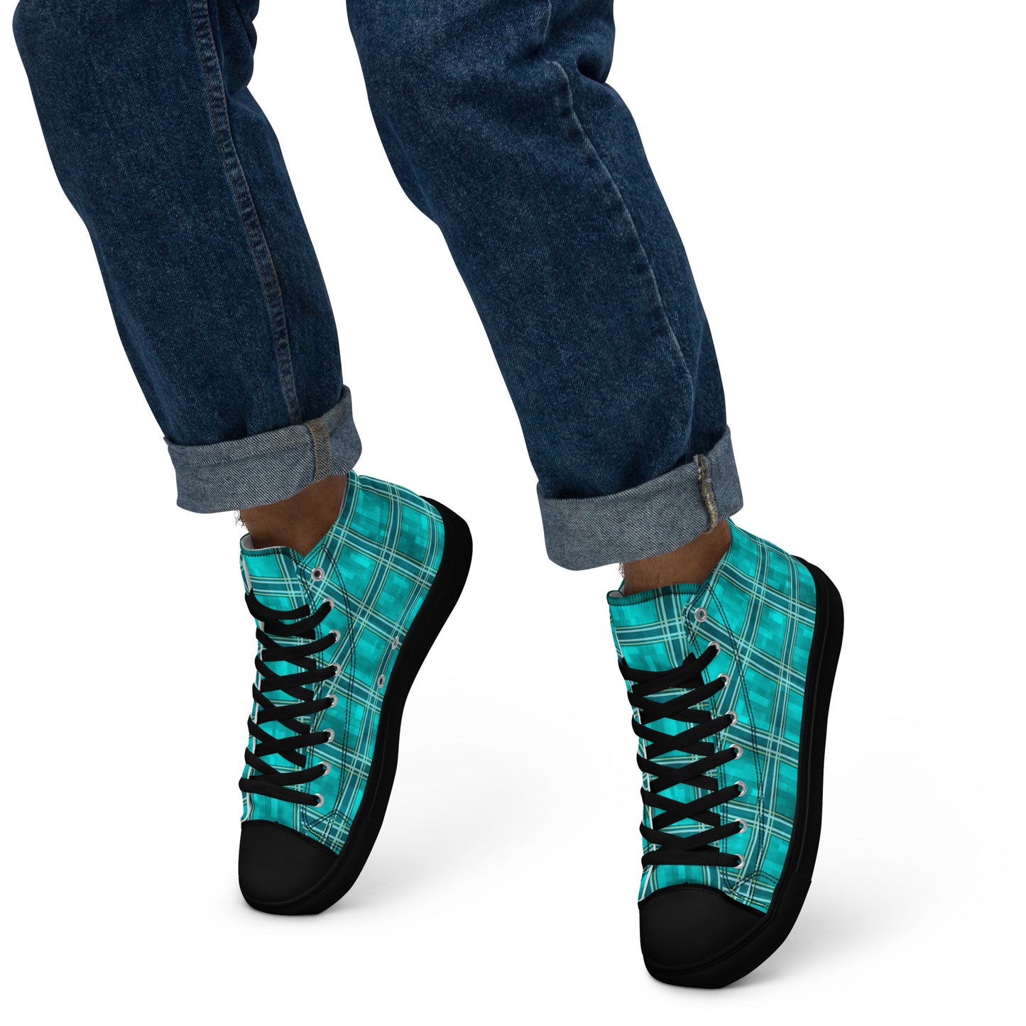 Men’s High Top Canvas Shoes Teal Plaid