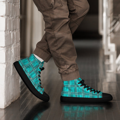 Men’s High Top Canvas Shoes Teal Plaid