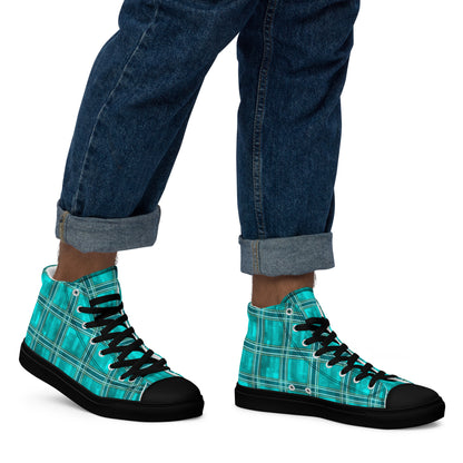 Men’s High Top Canvas Shoes Teal Plaid