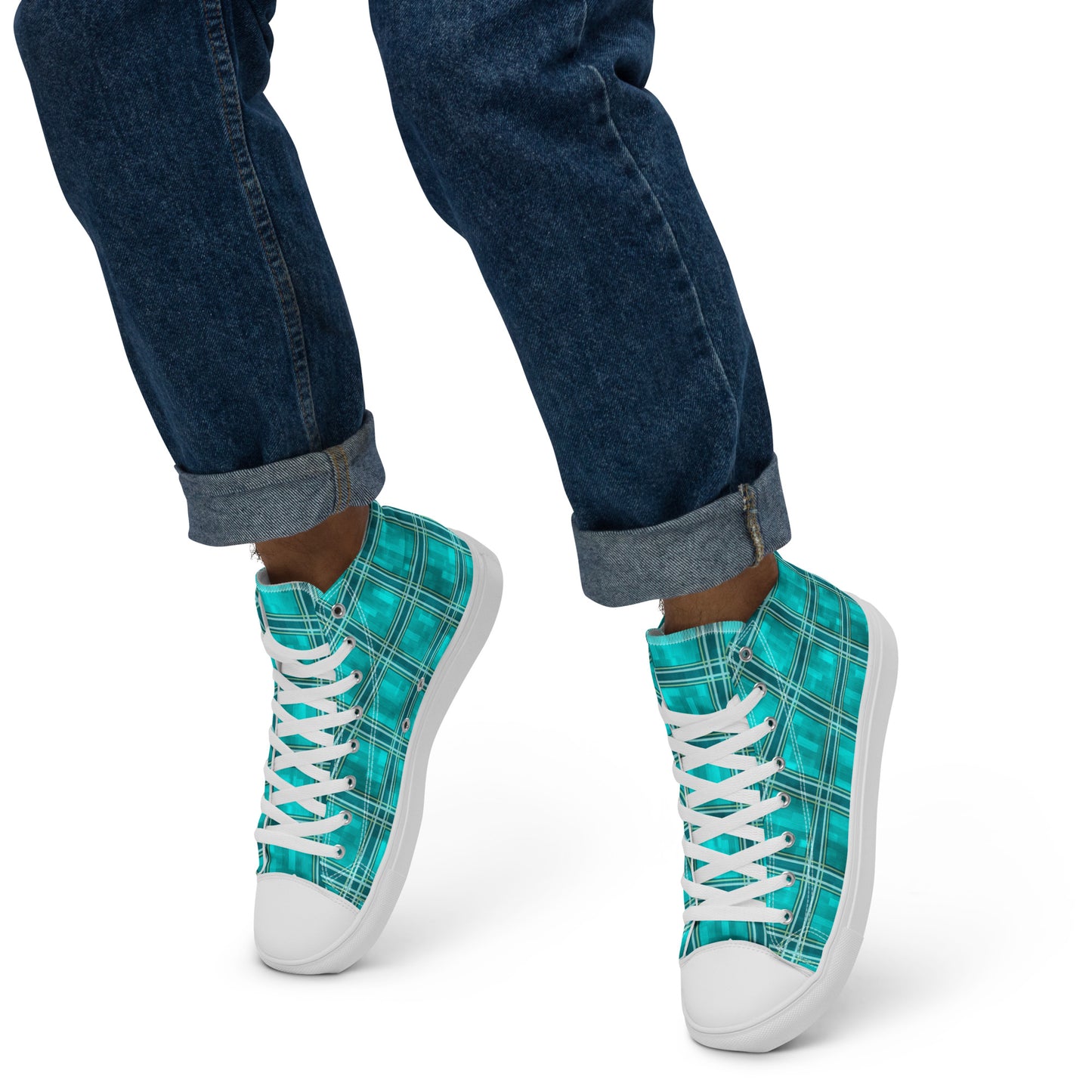 Men’s High Top Canvas Shoes Teal Plaid