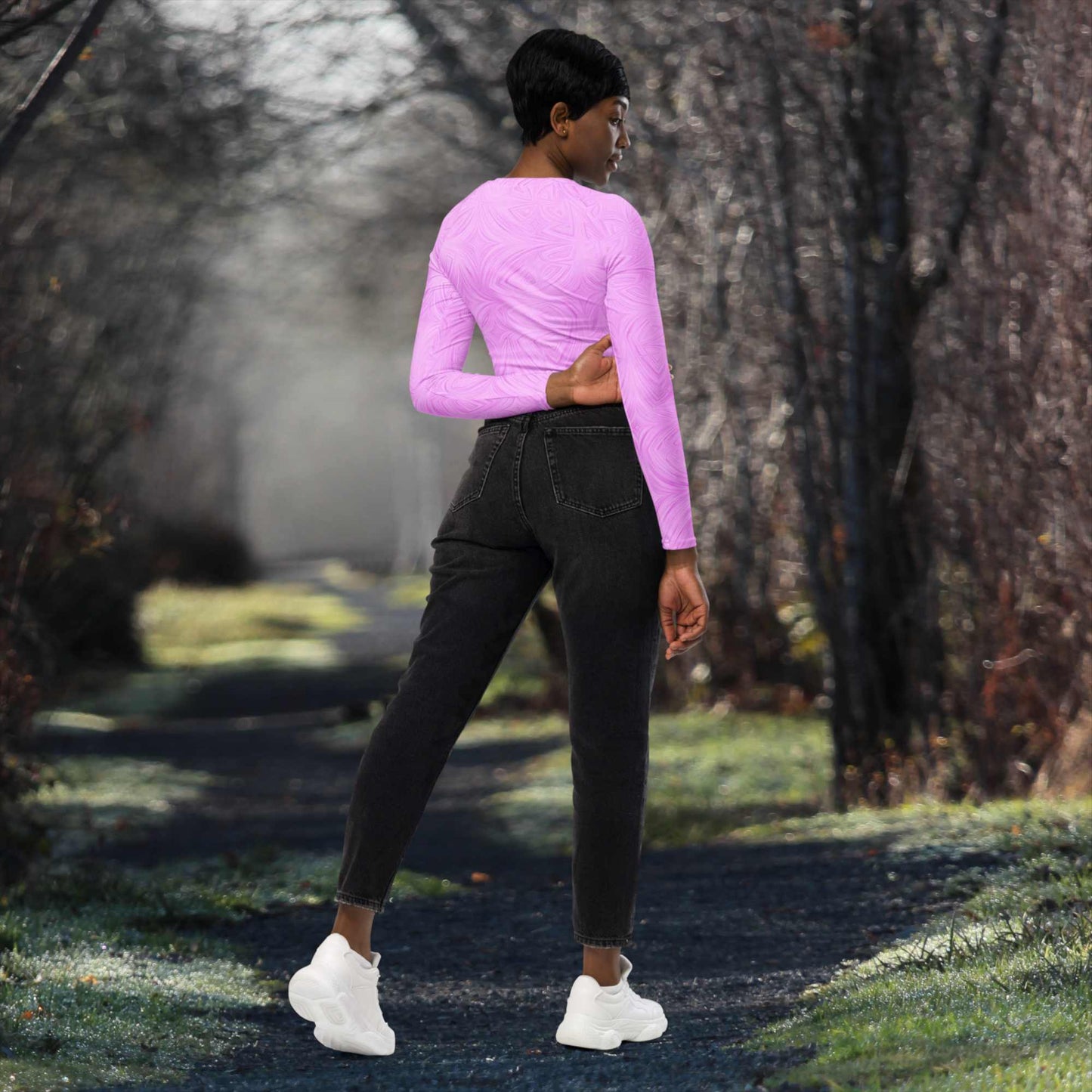 Recycled Long-Sleeve Crop Top Pink Tie-Dye