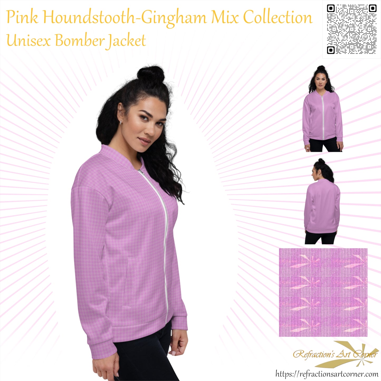 Women's Bomber Jacket Pink Houndstooth-Gingham Mix