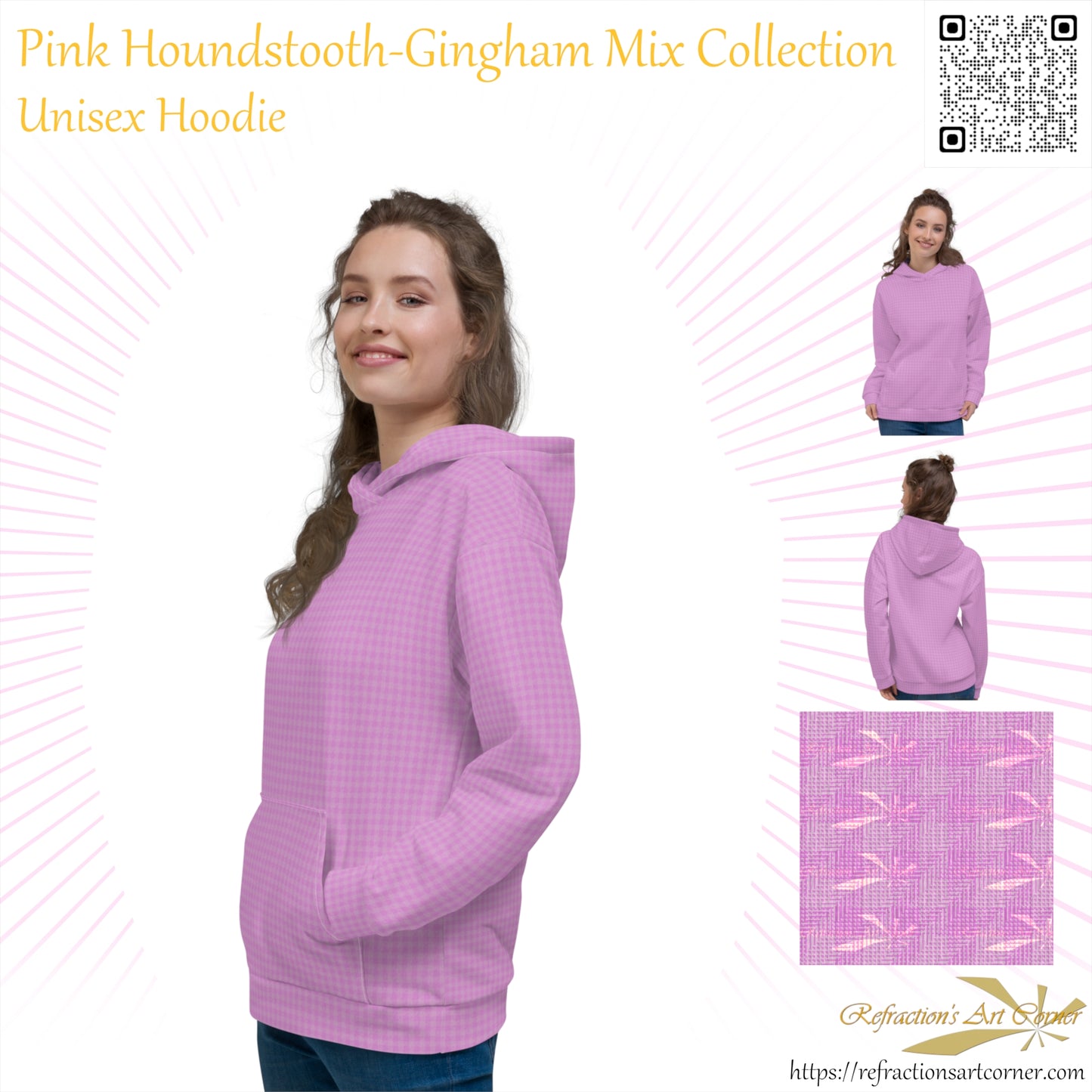 Women's Hoodie Pink Houndstooth-Gingham Mix