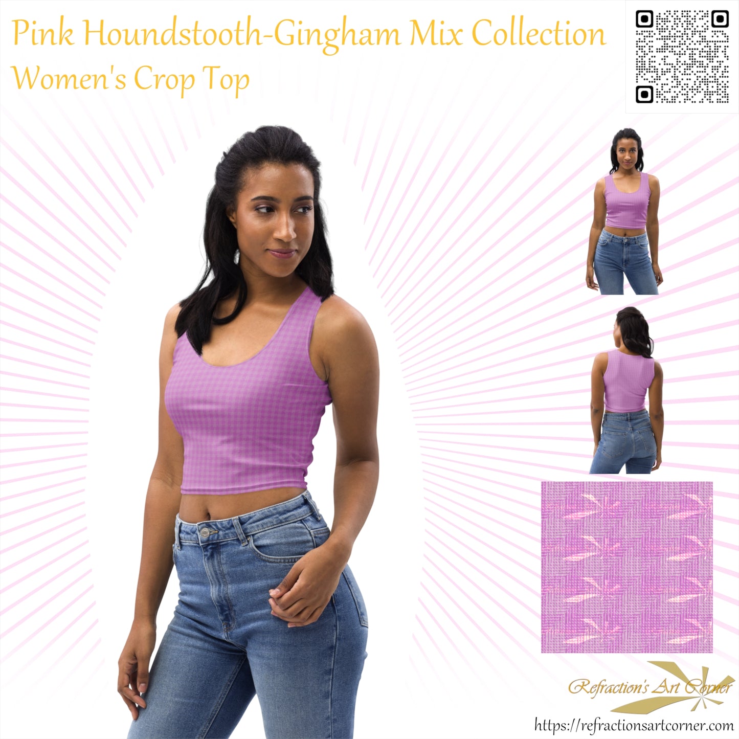 Women's Crop Top Pink Houndstooth-Gingham Mix