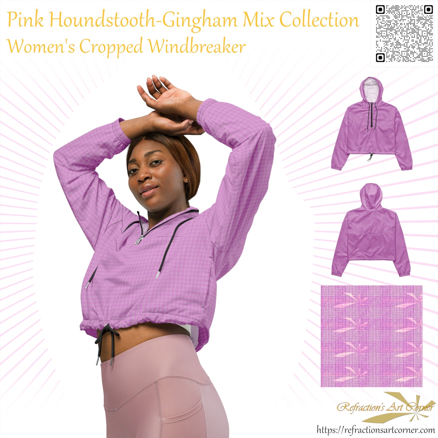 Women’s Cropped Windbreaker Pink Houndstooth-Gingham Mix